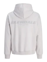 Buzo con capucha lila con estampado de mármol, de manga larga y corte relajado. Confeccionado en tejido loop back cepillado por dentro, mangas ranglán, puños de canalé, bolsillo canguro y forro de la misma tela en el interior de la capucha.