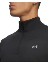 Buzo deportivo Under Armour Velociti 1/4 Zip de color negro, con cuello alto, cierre parcial de cremallera, mangas largas con aberturas para los pulgares y el logo de la marca estampado en el pecho.