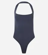 Body de microfibra color azul marino, con diseño frente única y escote cuadrado.