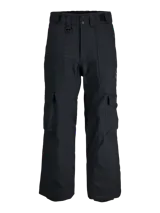 Pantalón técnico de ski Jack & Jones, impermeable y cortaviento, con corte holgado. Presenta bolsillos cargo laterales con solapa y cierre de velcro, bolsillos frontales y logo de la marca estampado en el muslo. Incluye polainas internas y refuerzos en los ruedos para protección contra la nieve.