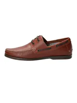 Mocasín de cuero color marrón RKF modelo Costa, con cordones y costuras visibles en contraste, ojales metálicos y suela de goma.