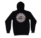 Canguro negro con capucha y cordones ajustables, puños y cintura acanalados, bolsillo tipo canguro y estampado frontal con la frase "Built to Grind!".