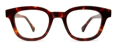 Armazón de acetato color carey con forma panto, lentes de 49mm de ancho y patillas con núcleo de metal plateado.