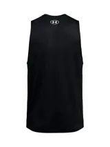 Musculosa deportiva Under Armour de color negro con cuello redondo y el logotipo de la marca estampado en el pecho en color blanco.