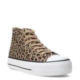 Championes de caña alta con estampado animal print de leopardo. Presentan cordones al tono, puntera de goma blanca y suela tipo plataforma con detalle de línea negra.