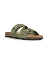 Sandalias Hush Puppies modelo Timbo de color verde militar, con dos tiras ajustables con hebillas metálicas oscuras, plantilla anatómica con reborde de corcho y suela de goma negra.