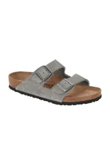 Sandalias Birkenstock Arizona color gris con dos correas ajustables con hebilla y plantilla anatómica de corcho y látex.