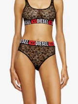 Bombacha de encaje negro transparente con motivo floral, de tiro medio y cobertura clásica, con elástica de branding Diesel en la cintura.