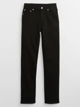 Jean de corte recto y tiro medio, confeccionado en denim negro con lavado uniforme. Presenta cierre de cremallera con botón metálico, cinco bolsillos tradicionales y costuras reforzadas.