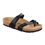 Sandalia Birkenstock modelo Mayari, color negro, con diseño de tiras cruzadas en el empeine y ajuste de hebilla. Cuenta con plantilla anatómica de corcho y suela de goma antideslizante.