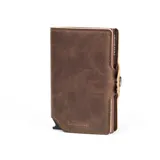 Billetera de cuero marrón con cierre de broche a presión y capacidad para tarjetas.