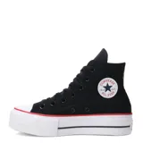 Championes Converse Chuck Taylor All Star Lift Hi, de caña alta, color negro con plataforma blanca y detalles en rojo.
