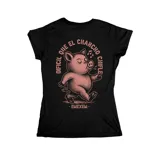 Remera negra entallada de manga corta con estampado frontal y dorsal en color rosado, con la ilustración de un cerdo y la leyenda "Difícil que el chancho chifle".