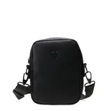 Morral negro de cuero sintético con textura granulada, logo metálico en el frente y correa ajustable de tela.