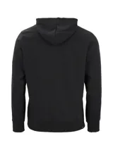 Buzo con capucha de algodón, color negro, con bolsillo frontal tipo canguro y logo de la marca estampado sutilmente en el pecho.