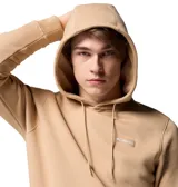 Buzo tipo canguro Columbia, color beige, con capucha ajustable mediante cordones, bolsillo frontal tipo canguro, puños y dobladillo acanalados. Presenta un pequeño parche con el logo de la marca en el pecho.