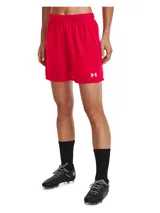 Short deportivo Under Armour Golazo 3.0, color rojo, con cintura elástica y logo de la marca en blanco en la pierna izquierda.
