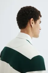 Remera tipo polo de manga larga con diseño de rayas horizontales anchas en color verde oscuro y blanco. Presenta cuello inglés en contraste, tapeta con botones ocultos y puños acanalados.