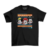 Remera negra de manga corta con estampado frontal de los personajes Dot, Wakko y Yakko de la serie Animaniacs.