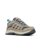 Championes de trekking Columbia modelo Crestwood Omni-Grip, color gris y beige con detalles en celeste, confeccionados en combinación de cuero y malla.