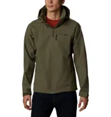 Chaqueta softshell Columbia modelo Cascade Ridge III, color verde oliva. Cuenta con capucha desmontable, cierre frontal completo, bolsillo con cremallera en el pecho, bolsillos laterales para las manos, puños ajustables y dobladillo regulable. Es resistente al agua y está confeccionada con un diseño libre de PFAS.