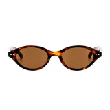 Lentes de sol Bariloche con armazón ovalado de acetato color marrón traslúcido y lentes marrones.