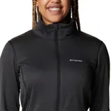 Campera deportiva Columbia negra con cierre frontal, bolsillos laterales con cierre, cuello alto, mangas largas con orificios para pulgares y logo de la marca bordado en el pecho.