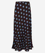 Pollera long midi de viscosa color marrón con estampado de lunares celestes.