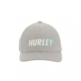 Gorra de béisbol gris oscuro, estilo snapback o ajustable, con visera curva. Presenta el logo "HURLEY" en el frente con un efecto de líneas horizontales en color celeste/turquesa claro.