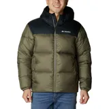Campera puffer con capucha, diseño bicolor en verde oliva y negro. Cuenta con cierre frontal completo, protector de mentón, bolsillos laterales con cierre y puños elásticos. Incorpora tecnología de aislamiento Thermarator y tejido deperlante al agua.