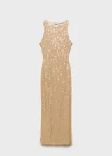 Vestido largo de fiesta con diseño recto y cuello halter. Confeccionado en tejido con lentejuelas brillantes, presenta espalda abierta y cierre de botones en el cuello.