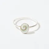 Anillo plateado con dije circular que contiene una espiral de color verde claro y marrón.