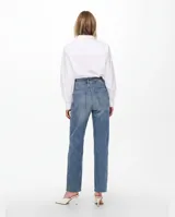 Jean wide leg de tiro alto en color azul, con diseño cropped y bolsillos decorativos, confeccionado en denim elástico.