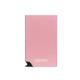 Billetera tipo tarjetero rígido de aluminio color rosa, con sistema deslizante automático para acceso rápido a tarjetas y protección RFID integrada.