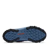 Championes de senderismo Columbia modelo Peakfreak II OutDry, color azul con detalles en naranja y gris oscuro. Presentan una construcción de malla sin costuras con tecnología impermeable OutDry, sistema de ajuste Navic Fit, entresuela TechLite+ para amortiguación y suela Adapt Trax para tracción en diversos terrenos.