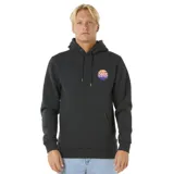 Canguro negro con capucha y cordones ajustables, bolsillo tipo canguro y logo estampado en el pecho.