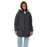 Campera negra con capucha forrada en piel sintética color crema, cierre frontal con cremallera, bolsillos laterales y corte a la altura de la cadera.