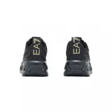 Championes deportivos EA7 Emporio Armani modelo Infinity Venom, color negro con detalles en dorado. Presentan un diseño técnico con capellada de tejido transpirable y una suela robusta con aberturas geométricas.