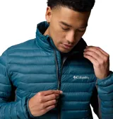 Campera técnica híbrida de Columbia, diseñada para actividades al aire libre. Presenta un cuerpo acolchado con aislamiento térmico en color azul petróleo y paneles laterales de tejido elástico en color gris oscuro para mayor movilidad. Cuenta con cierre frontal completo, cuello alto y bolsillos laterales con cierre.