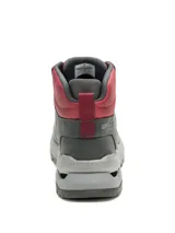 Bota de trekking Caterpillar modelo Surge Hiker, confeccionada en una combinación de nubuck encerado y malla de nailon. Presenta un diseño técnico en tonos gris y rojo, con entresuela de EVA ligera y suela de goma con tecnología SRX para mayor tracción y resistencia al deslizamiento.