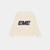 Sweater de punto color crema con finas rayas horizontales en beige. Presenta un logo grande con la palabra "EME" en azul marino en el frente y tiene cuello redondo y corte holgado.