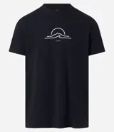 Remera negra de algodón con cuello redondo y mangas cortas. Estampa minimalista en el frente con un sol sobre el mar.