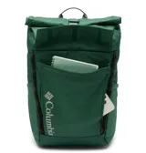 Mochila Columbia Convey III de 27 litros, color verde bosque, con cierre enrollable, resistente al mal tiempo. Incluye funda para portátil de 15 pulgadas, dos bolsillos para botellas de agua y un bolsillo frontal con cremallera. Cuenta con respaldo transpirable, tirantes acolchados y ergonómicos, y cinta pectoral ajustable.