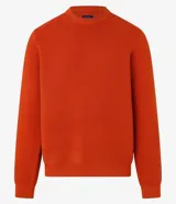 Sueter de punto liviano para hombre, de color naranja con textura acanalada horizontal, cuello redondo y mangas largas con puños ajustados.
