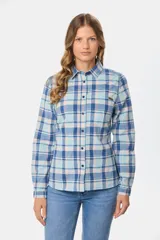 Camisa de algodón a cuadros con botones personalizados y un bolsillo en el pecho. Contiene spandex para un mejor calce.