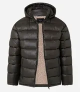 Campera puffer verde militar para hombre, con capucha, cierre frontal, bolsillos con cremallera y forro de sherpa.
