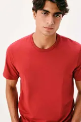 Remera lisa de manga corta y cuello redondo, color rojo.