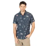 Camisa de manga corta con estampado abstracto en tonos azul, naranja y gris. Tiene cuello clásico, cierre con botones y bolsillo en el pecho. Marca Volcom, modelo Acid Jazz Stoney.