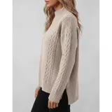 Sweater de punto color marrón con diseño de trenzas y textura en relieve. Presenta cuello alto, mangas largas y puños acanalados.