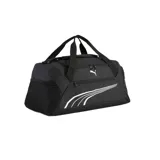Bolso deportivo Puma color negro con logo blanco estampado y detalles de líneas curvas en el frente. Cuenta con compartimento principal con cierre, bolsillo frontal con cierre y bolsillo lateral de red.